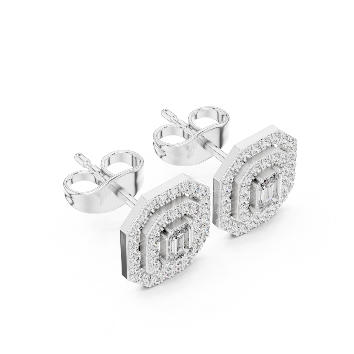 Octagonal Double Halo Emerald Cut Lab Grown Diamond Stud Earring - View 6