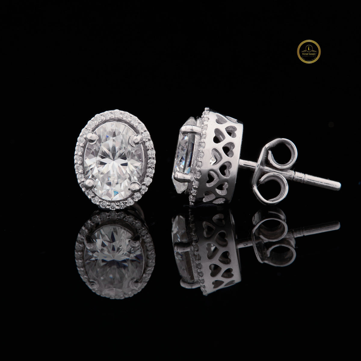 Oval Cut Halo Stud Moissanite Diamonds Earring Set with Micro Pave Accent - View 2