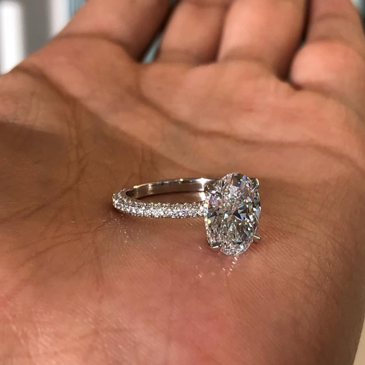 Delicate Hidden Halo Oval Cut Lab Diamond Pave Engagement Ring - View 2