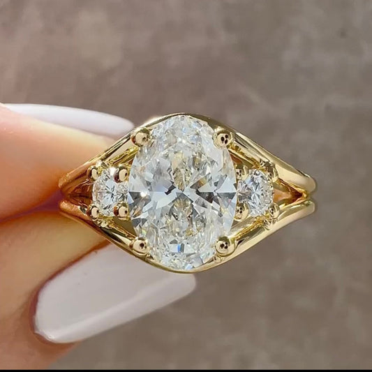 Oval Moissanite Diamond Split Shank Three Stone Engagement Ring - View 2