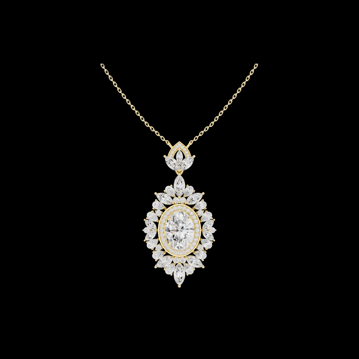 Intricate Oval Lab Grown Diamond Marquise Sunburst Halo Pendant