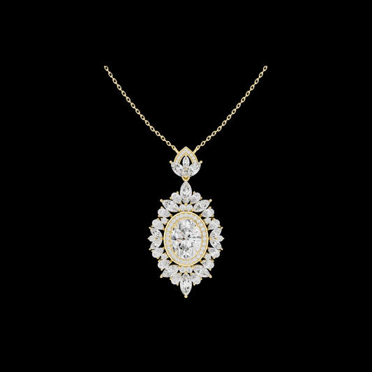 Intricate Oval Moissanite Diamond Marquise Sunburst Halo Pendant