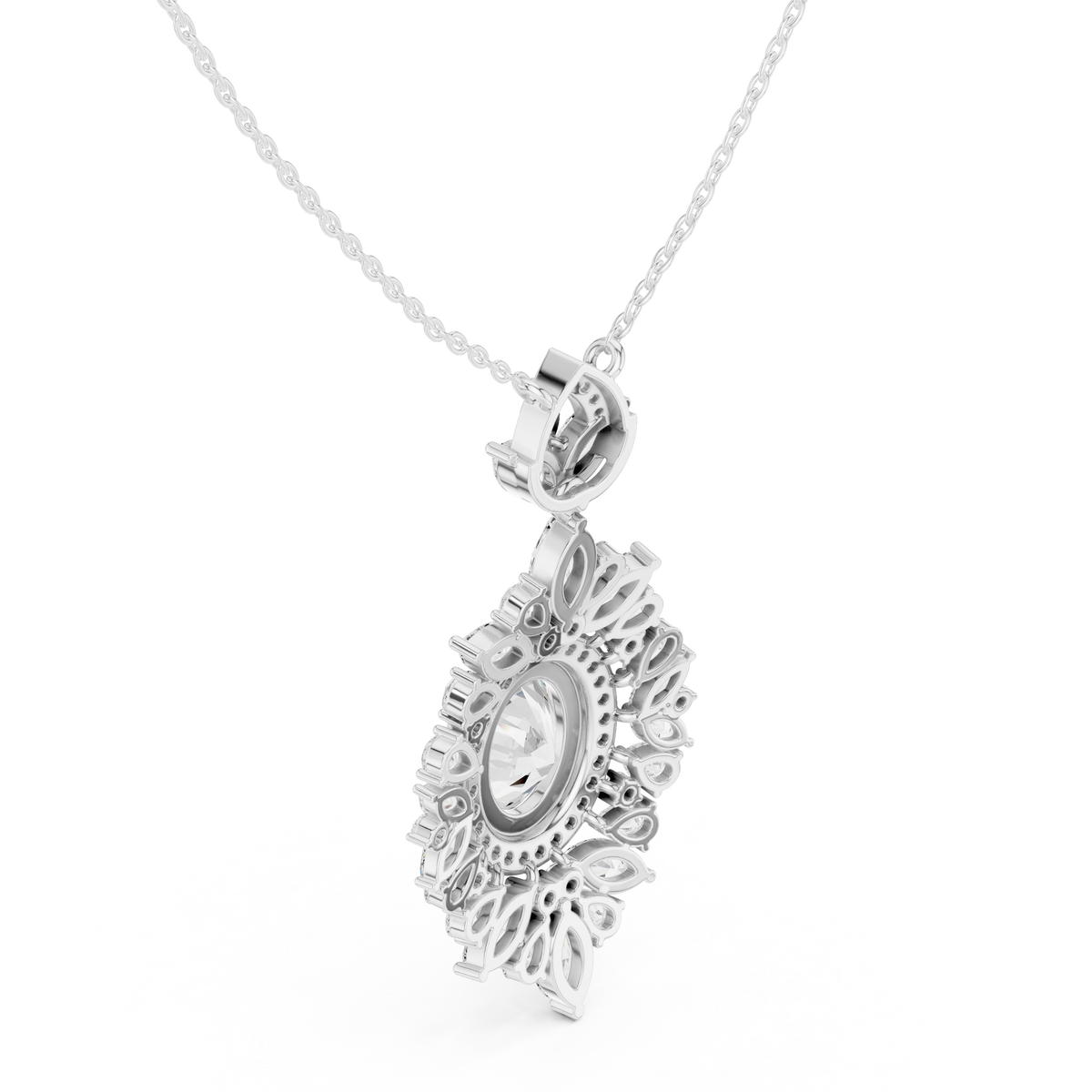 Intricate Oval Moissanite Diamond Marquise Sunburst Halo Pendant - View 9