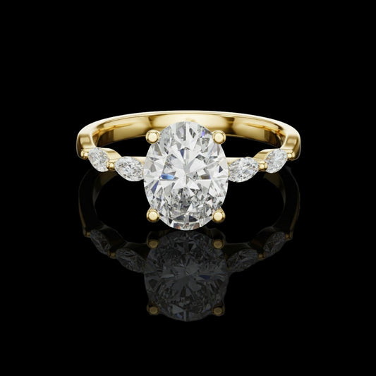 Oval Cut Lab Diamond Engagement Ring With Marquise Leaf Side Stones