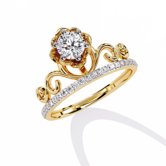 Round Moissanite Diamond Vintage Floral Ring With Scroll Pave Band Crown - View 2