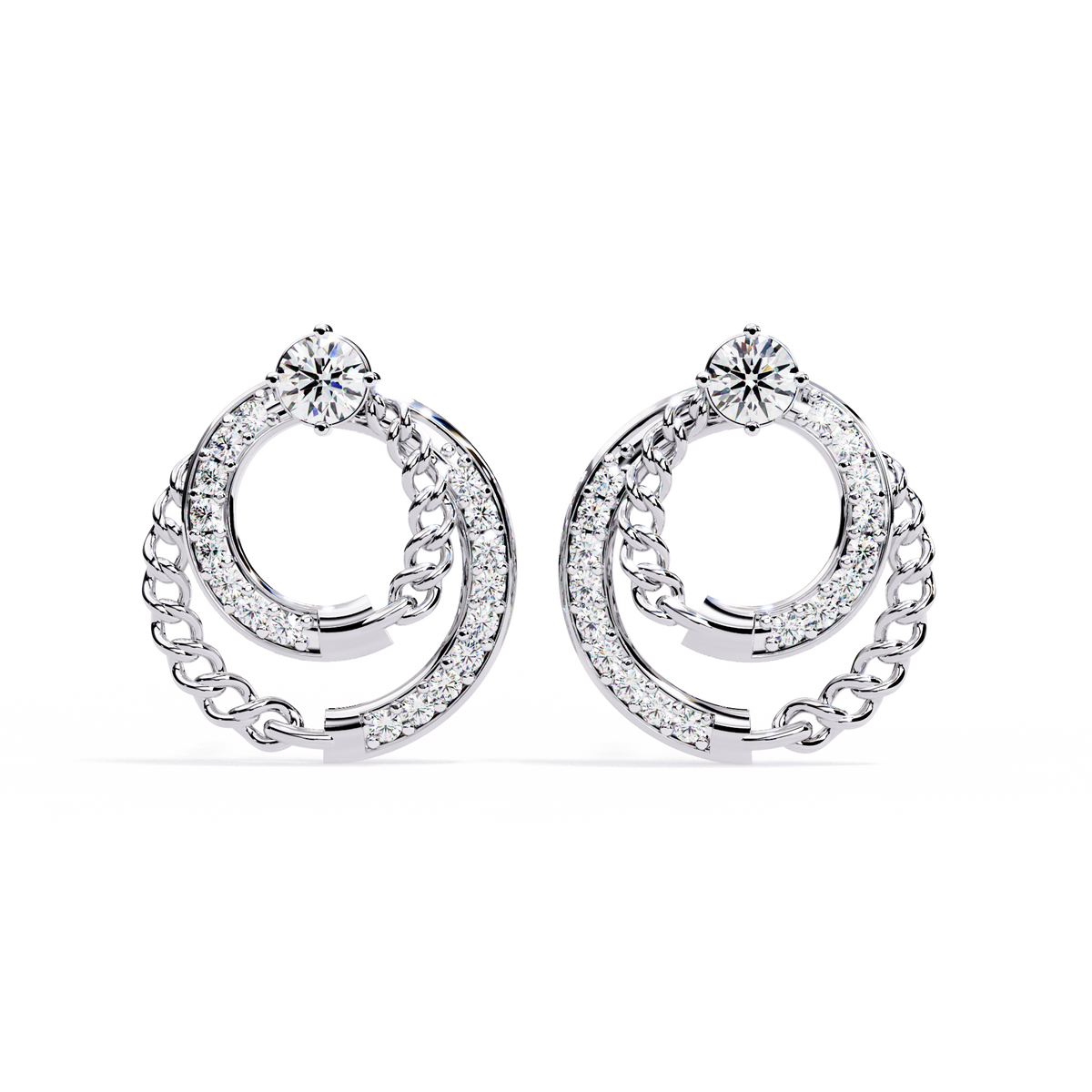 Double Circle Moissanite Diamond Round Stud Earrings with Pavé Chain Detail - View 3