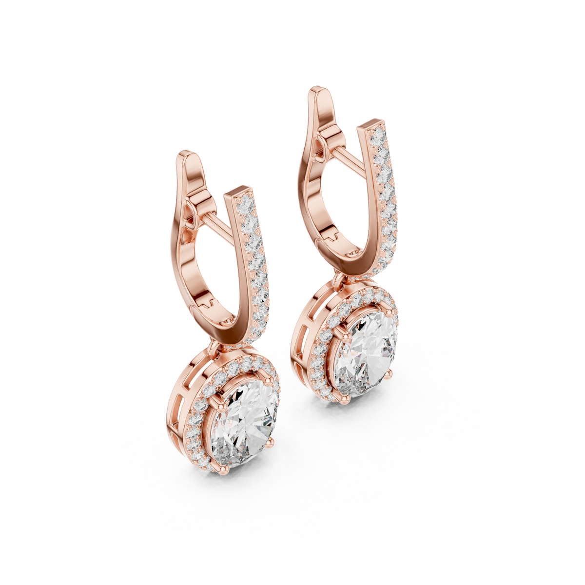 Oval Cut Moissanite Diamond Halo Dangle Huggie Hoop Earrings Rose Gold - View 2