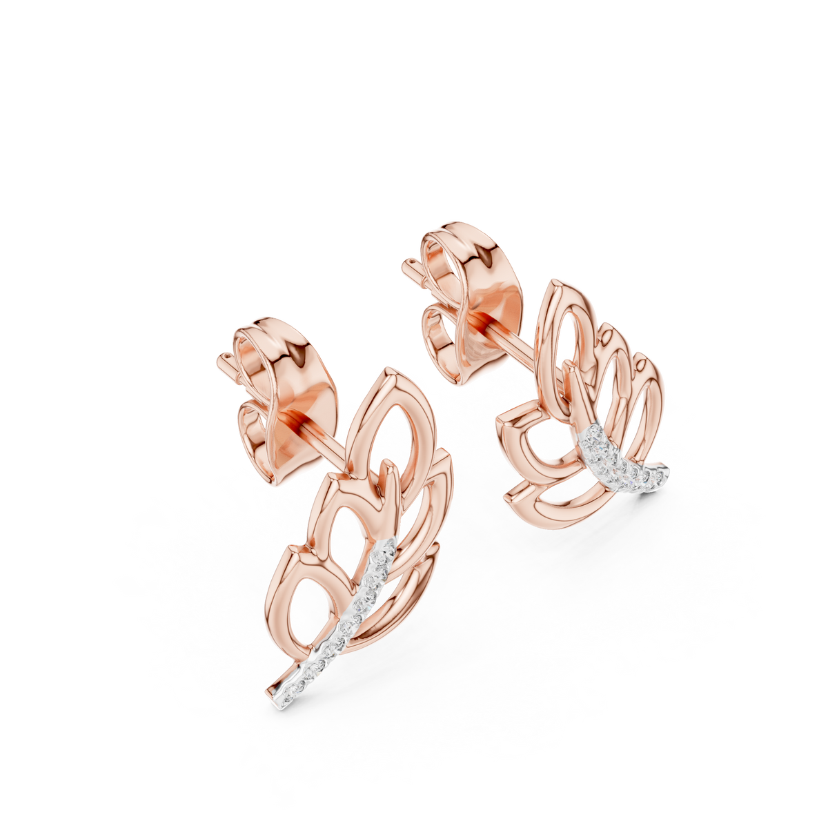 Gold Leaf Stud Earrings with Round Moissanite Diamond Accented Curve Nature Inspired - View 5