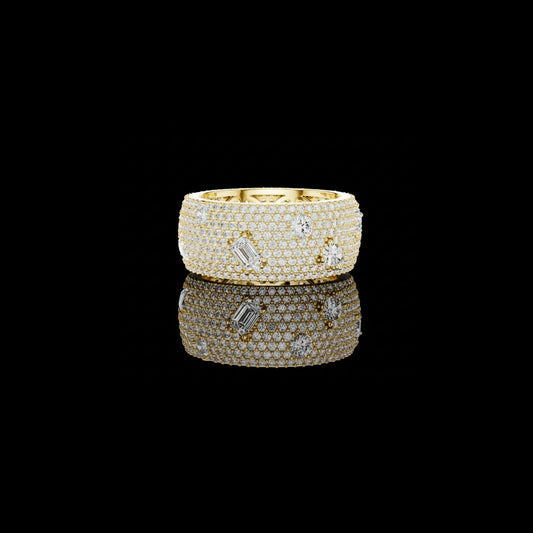 Round Pave Moissanite Diamond Wide Statement Band with Emerald Accents