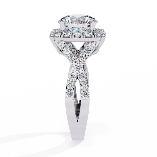 Round Halo Moissanite Diamond Ring with Princess Side Stones - View 2
