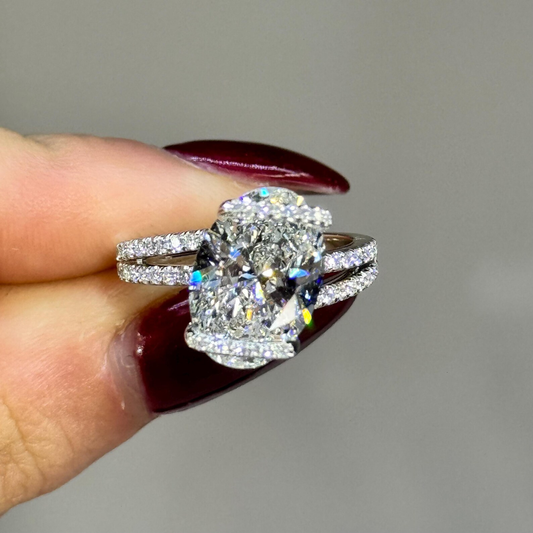 Oval Moissanite Diamond Split Shank Pave Band With Hidden Halo Wedding Ring