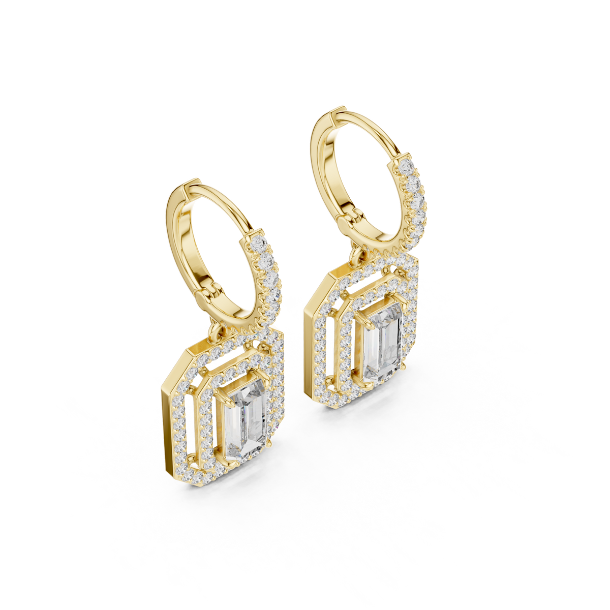 Art Deco Octagonal Double Halo Emerald Cut Lab Grown Diamond Huggie Drop Earrings - View 4