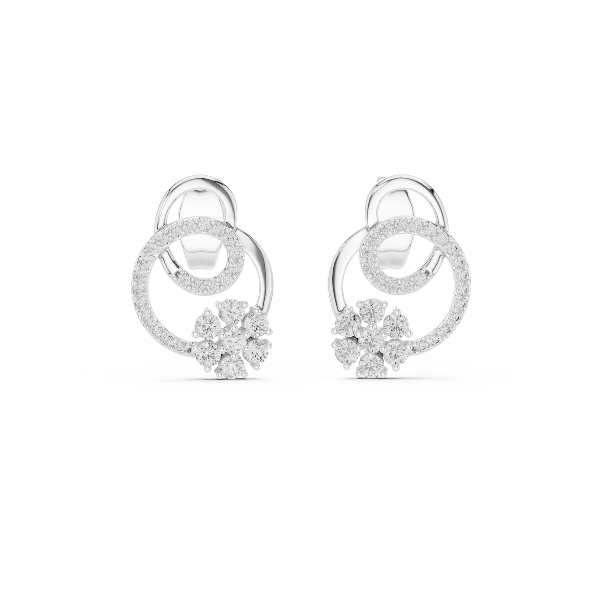 Cluster Swirl Circle Lab Grown Round Diamond Stud Earrings with Pave Halo Ring - View 3