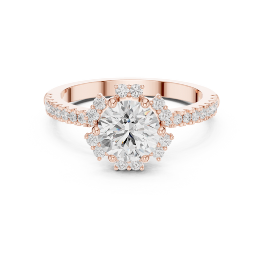 Round Floral Halo Lab Grown Diamond Ring with Pave Band - View 2
