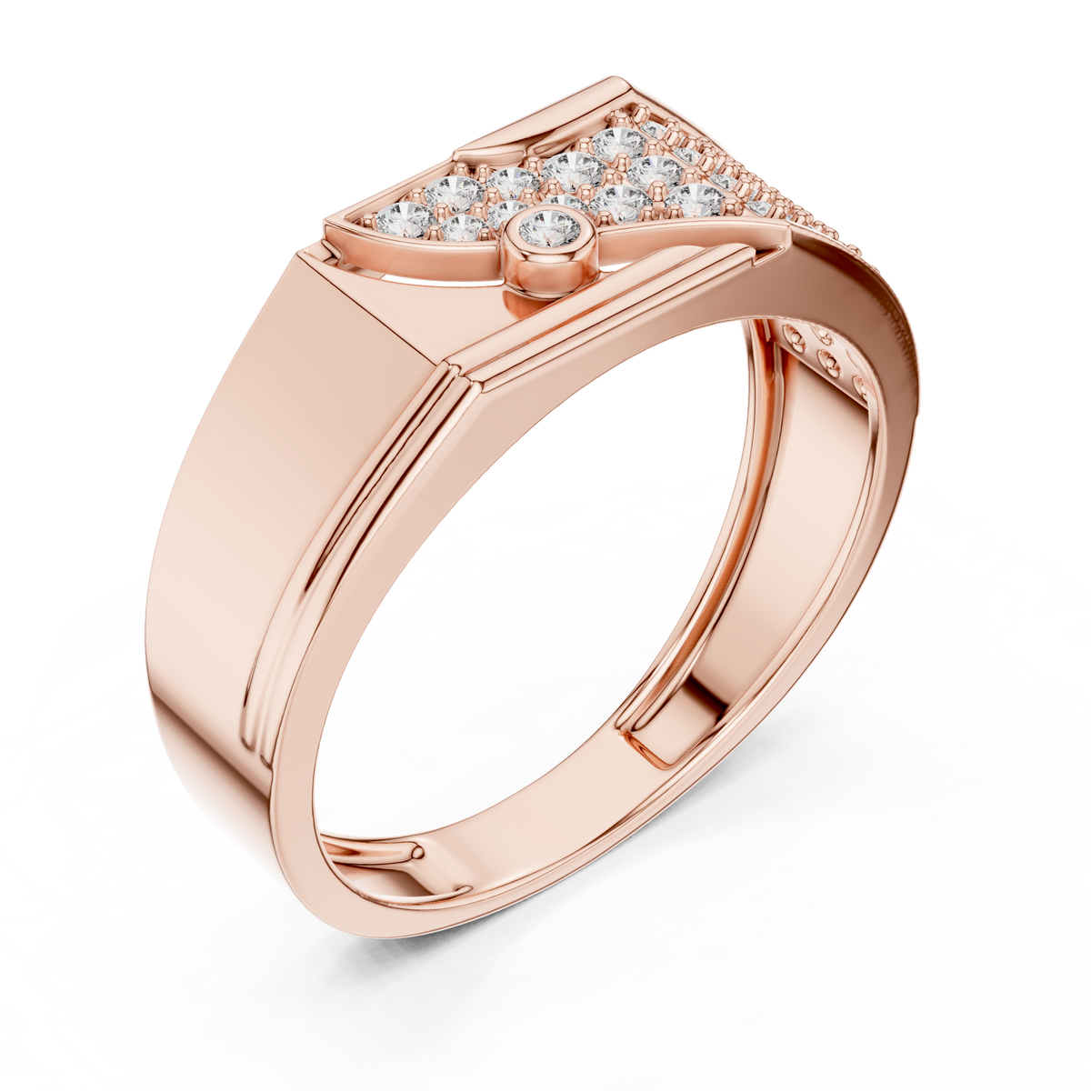 Round Cut Moissanite Diamond Men's Asymmetric Curved Pave Gold Signet Ring - View 5