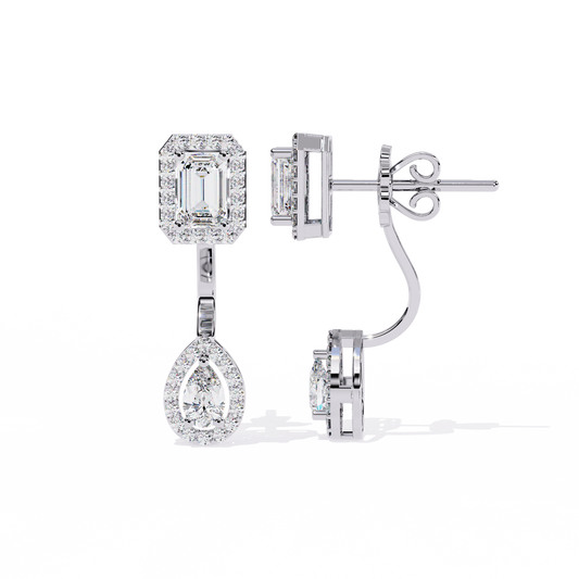 Sophisticated Emerald Halo Top with Pear Halo Drop Moissanite Diamond Earrings in Gold - View 2