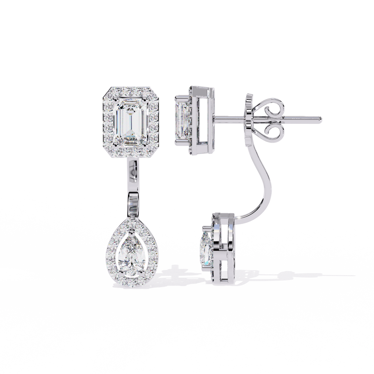 Sophisticated Emerald Halo Top with Pear Halo Drop Lab Diamond Earrings in Gold - View 2
