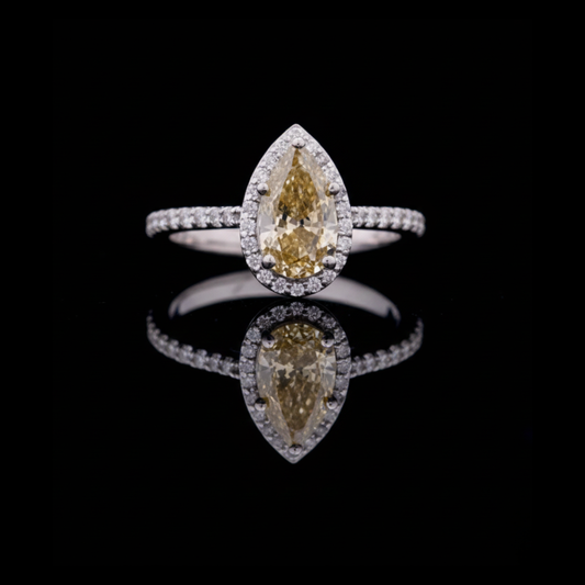 Pear Shaped Fancy Vivid Yellow Lab Diamond Halo Set Ring