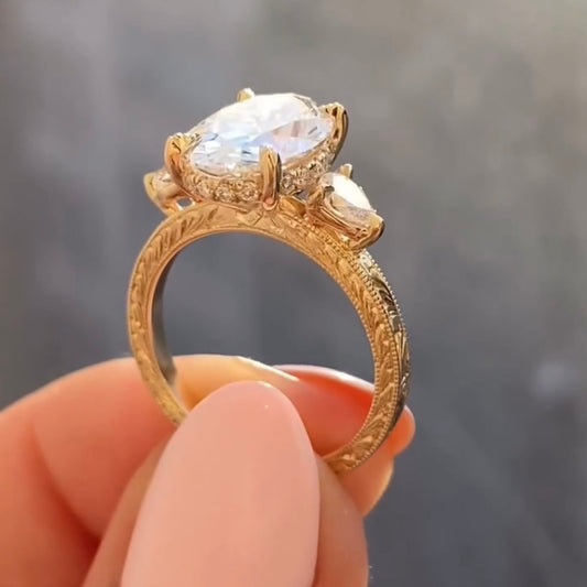 Oval Moissanite Diamond Three Stone Ring with Pear Side Diamonds - View 2