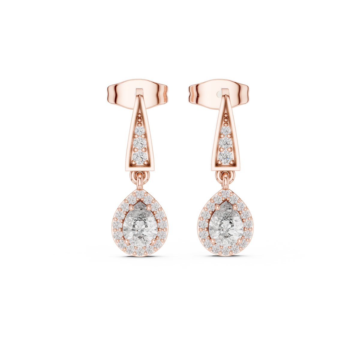 Geometric Chevron Pear Cut Lab Grown Diamond Halo Drop Earrings - View 2