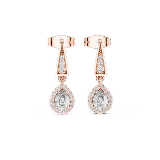 Geometric Chevron Pear Cut Lab Grown Diamond Halo Drop Earrings - View 2