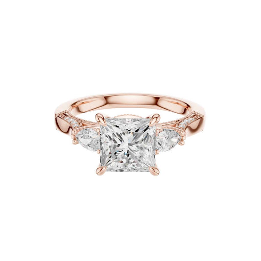 Princess Three Stone Lab Diamond Filigree Cathedral Ring - View 2