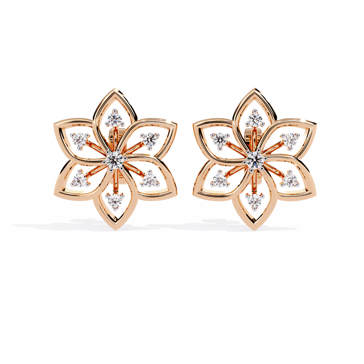 Lotus Lab Diamond Round Center Floral Stud Earrings with Round Side Stones - View 2