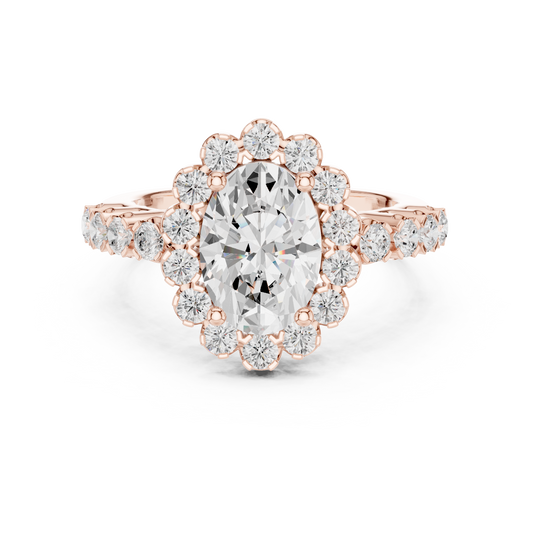 Oval Cut Scalloped Halo Moissanite Diamond Ring - View 2
