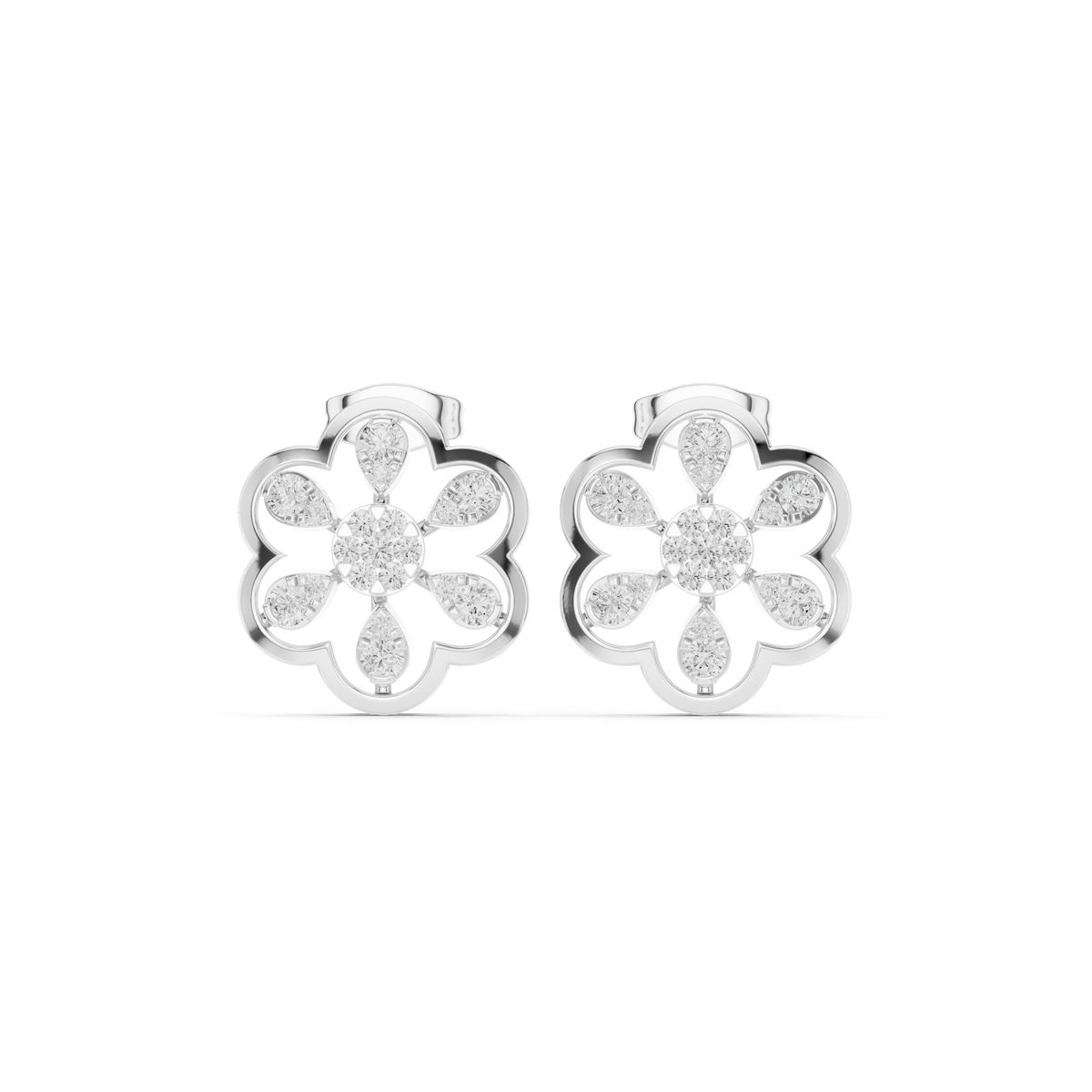 Scalloped Flower Petal Round Brilliant Cut Lab Diamond Stud Earrings Openwork Blossom - View 3