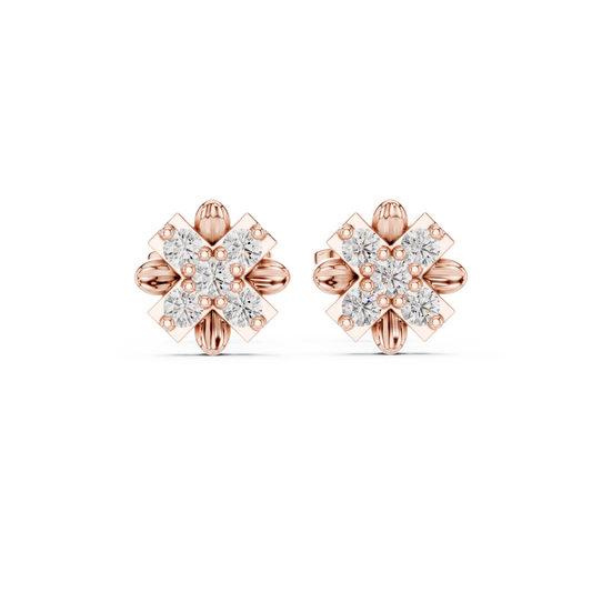 Floral Cross Round Lab Diamond Stud Earrings with Sculpted Petal Motif Cluster - View 2