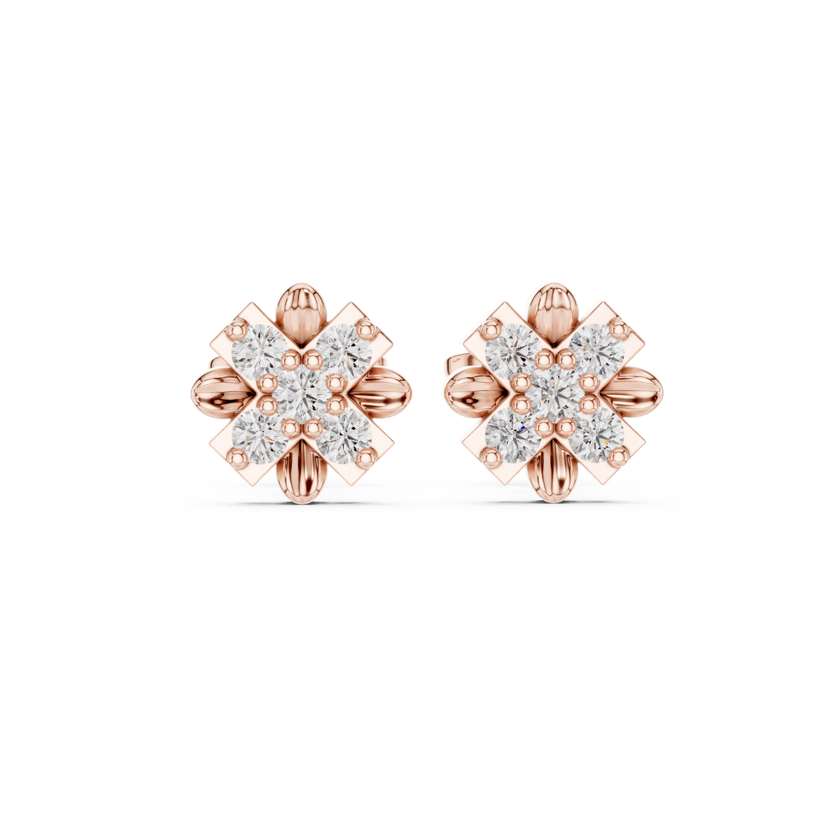 Floral Cross Round Moissanite Diamond Stud Earrings with Sculpted Petal Motif Cluster - View 2