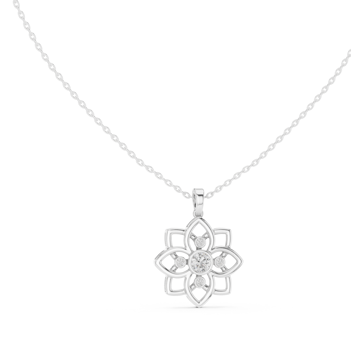 Lotus Motif Flower Pattern Charm Pendant with Round Moissanite Diamond - View 3