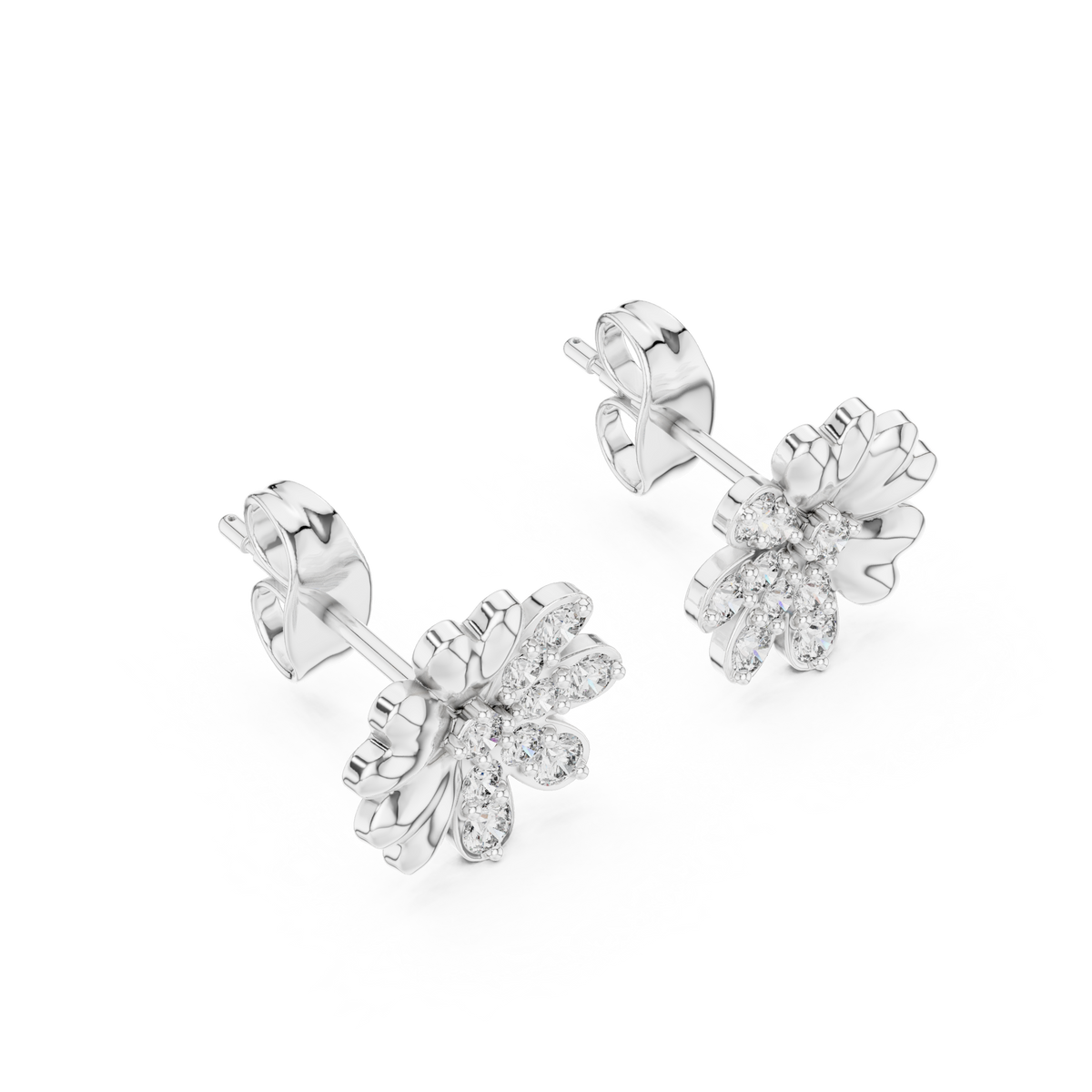Floral Blossom Round Lab Diamond Mixed Petal Stud Earrings - View 6