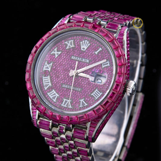 Exquisite Fully Pink Sapphire-Encrusted Luxury Timepiece with Roman Numeral Dial and Lab Grown Diamond Accented Bracelet Design