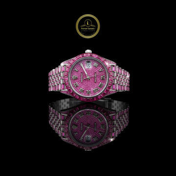 Exquisite Fully Pink Sapphire-Encrusted Luxury Timepiece with Roman Numeral Dial and Lab Grown Diamond Accented Bracelet Design