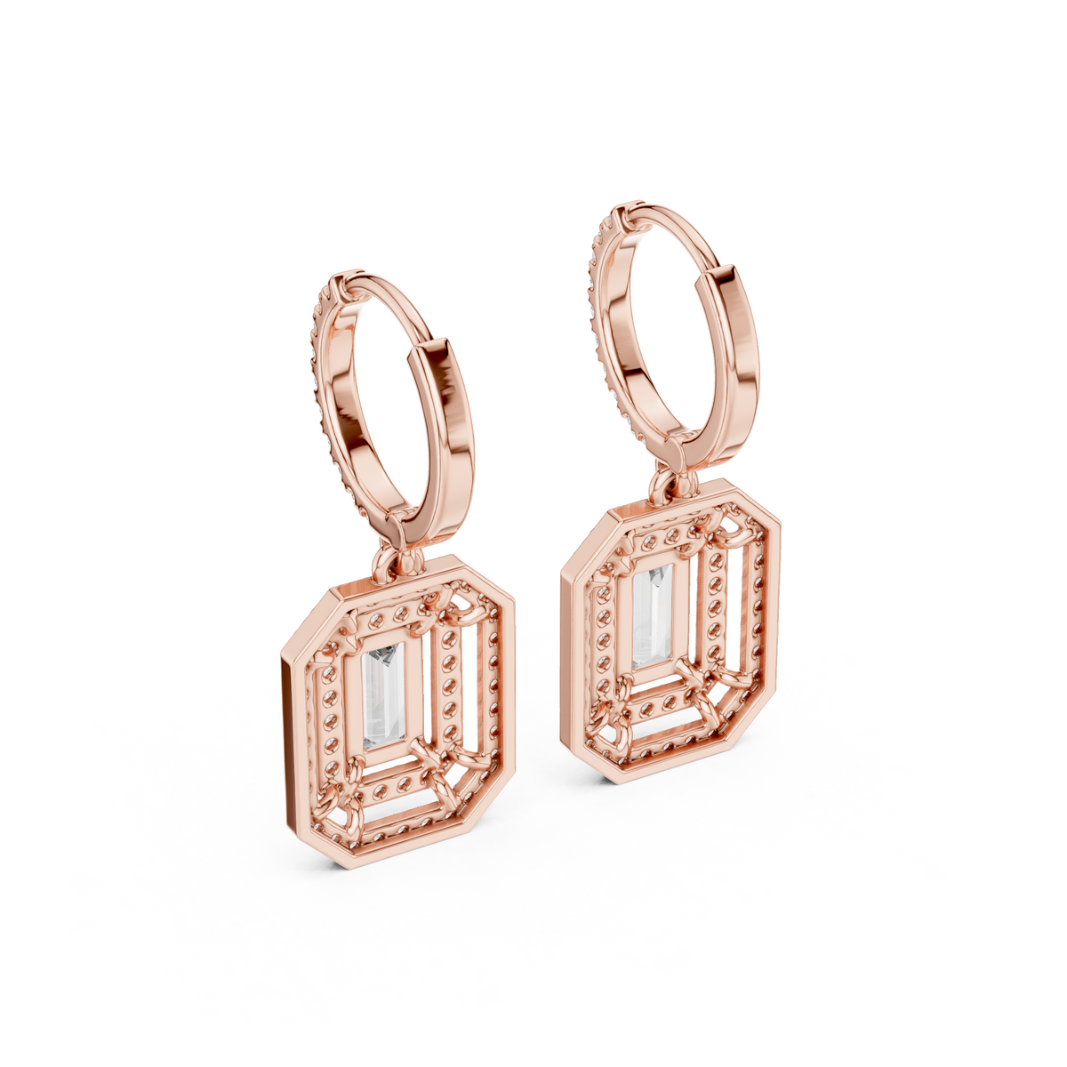 Art Deco Octagonal Double Halo Emerald Cut Lab Grown Diamond Huggie Drop Earrings - View 11