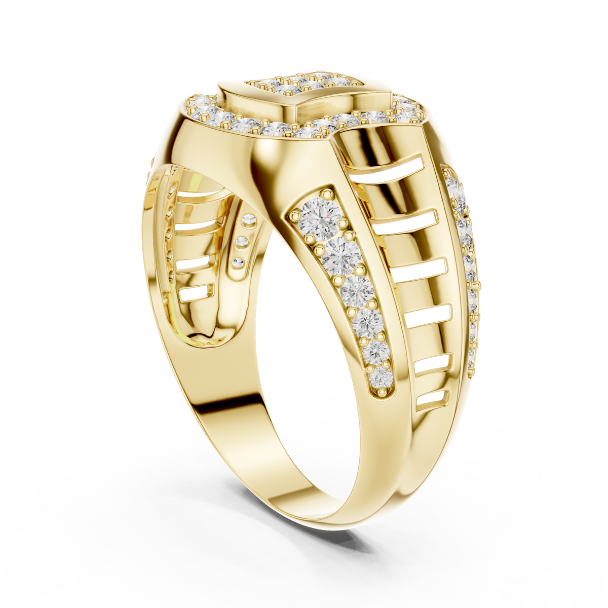 Round Cut Moissanite Diamond Men's Geometric Double Pave Crest Engagement Ring - View 7