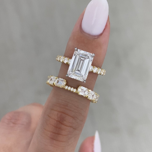 Emerald Lab Diamond Bridal Ring Set with Pave Band