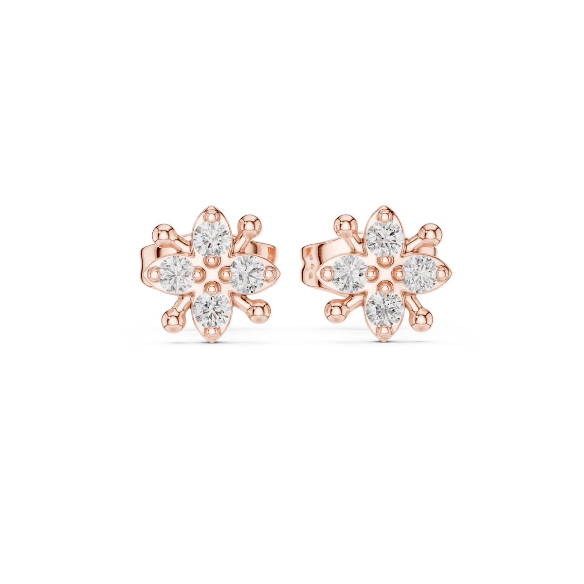 Floral Star Round Moissanite Diamond Stud Earring with Sculpted Petal Accents - View 2