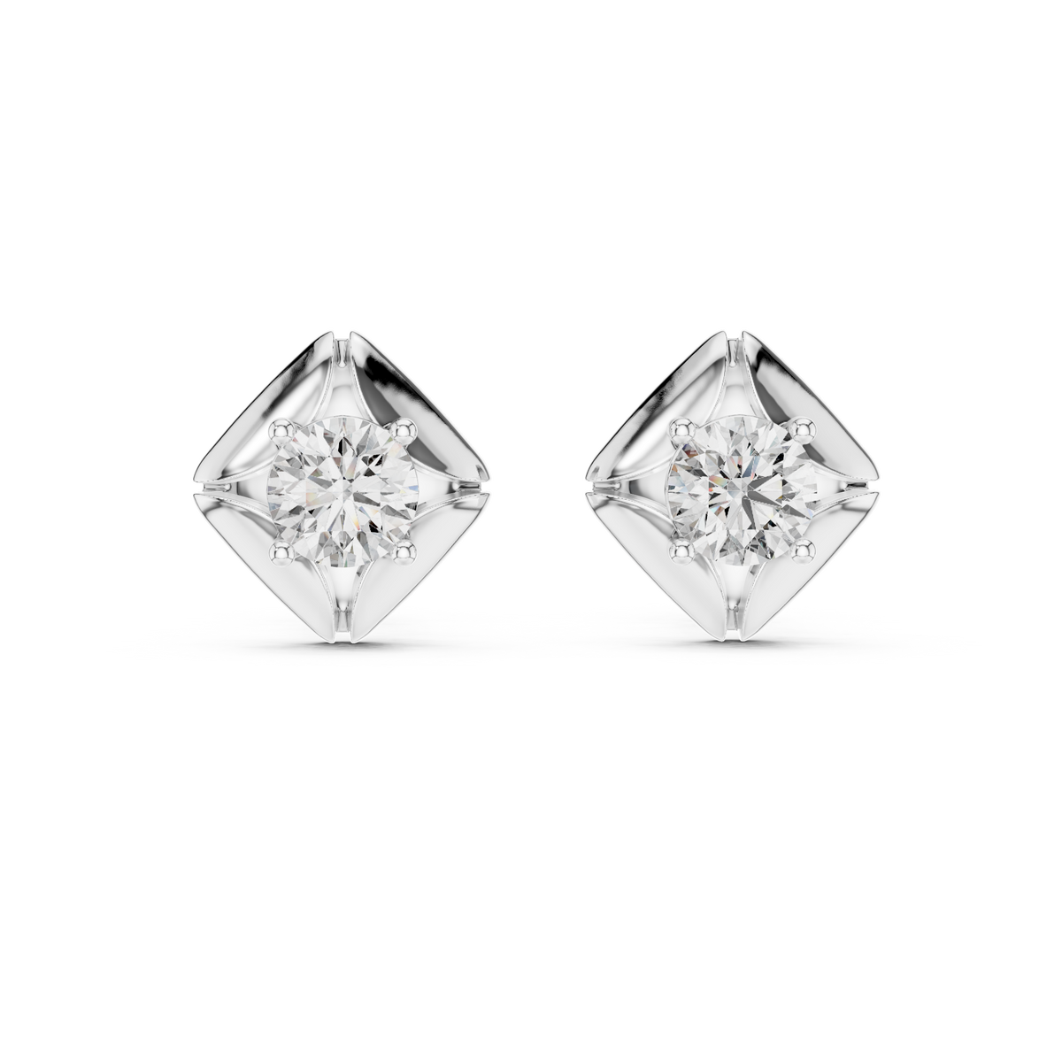 Geometric Pillow Kite Frame Round Moissanite Diamond Stud Earrings - View 3