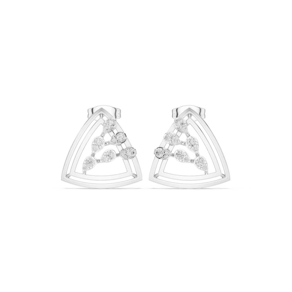 Modern Geometric Triangle Round Cut Lab Diamond Stud Earrings with Open Frame Design - View 3