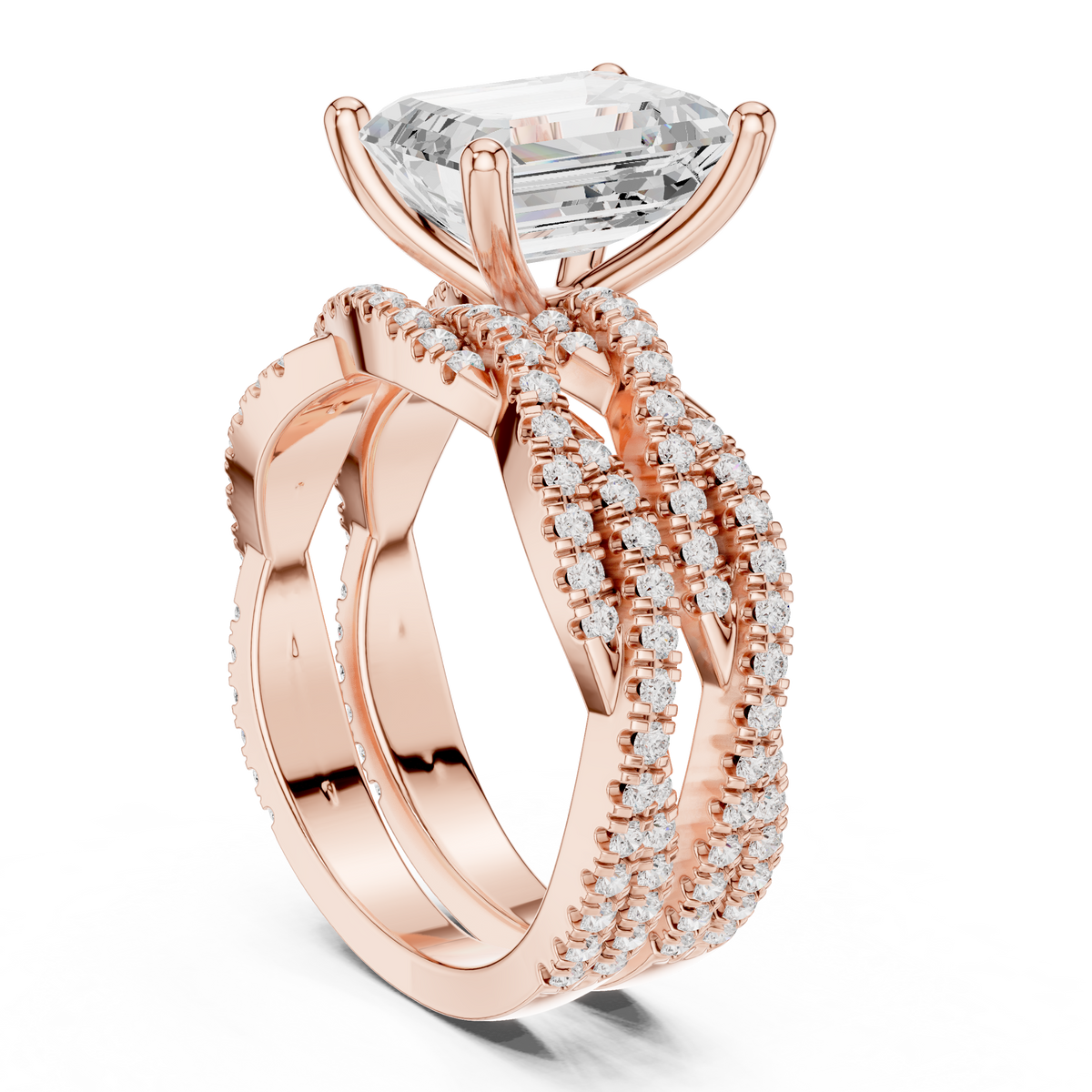 Emerald Cut Moissanite Diamond Women's Crisscross Split Band Gold Ring - View 11