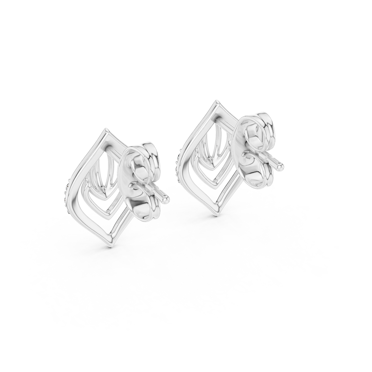 Layered Leaf Round Lab Diamond Geometric Stud Earrings with Pavé Detail - View 12