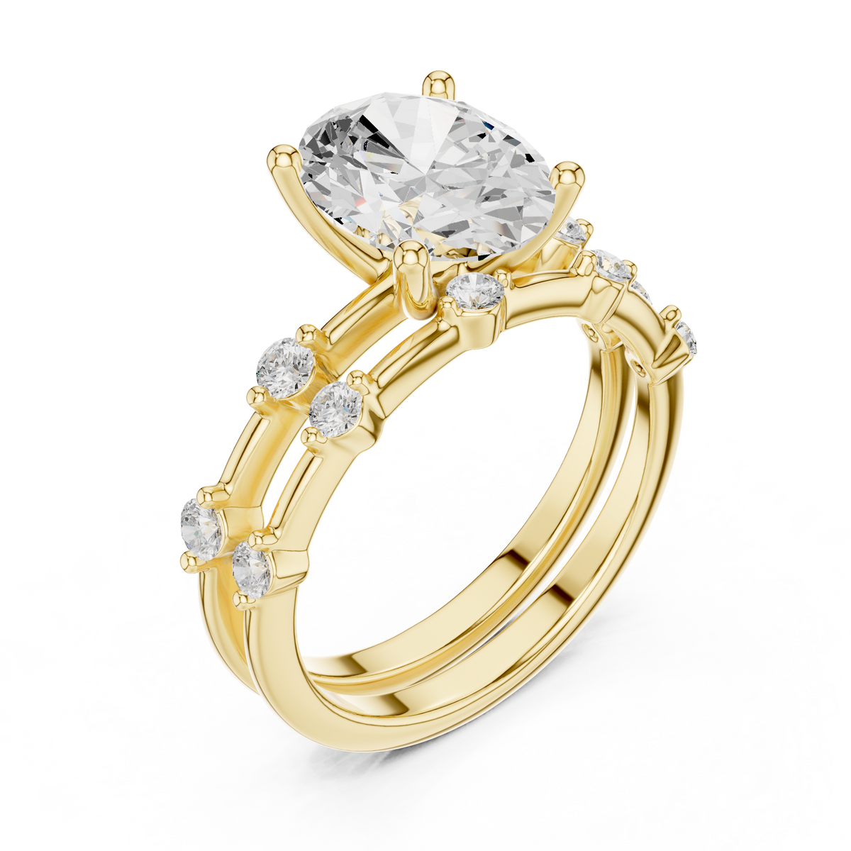Handcrafted Oval Cut Lab Diamond Split Shank Ring with Diamond Accents - View 4
