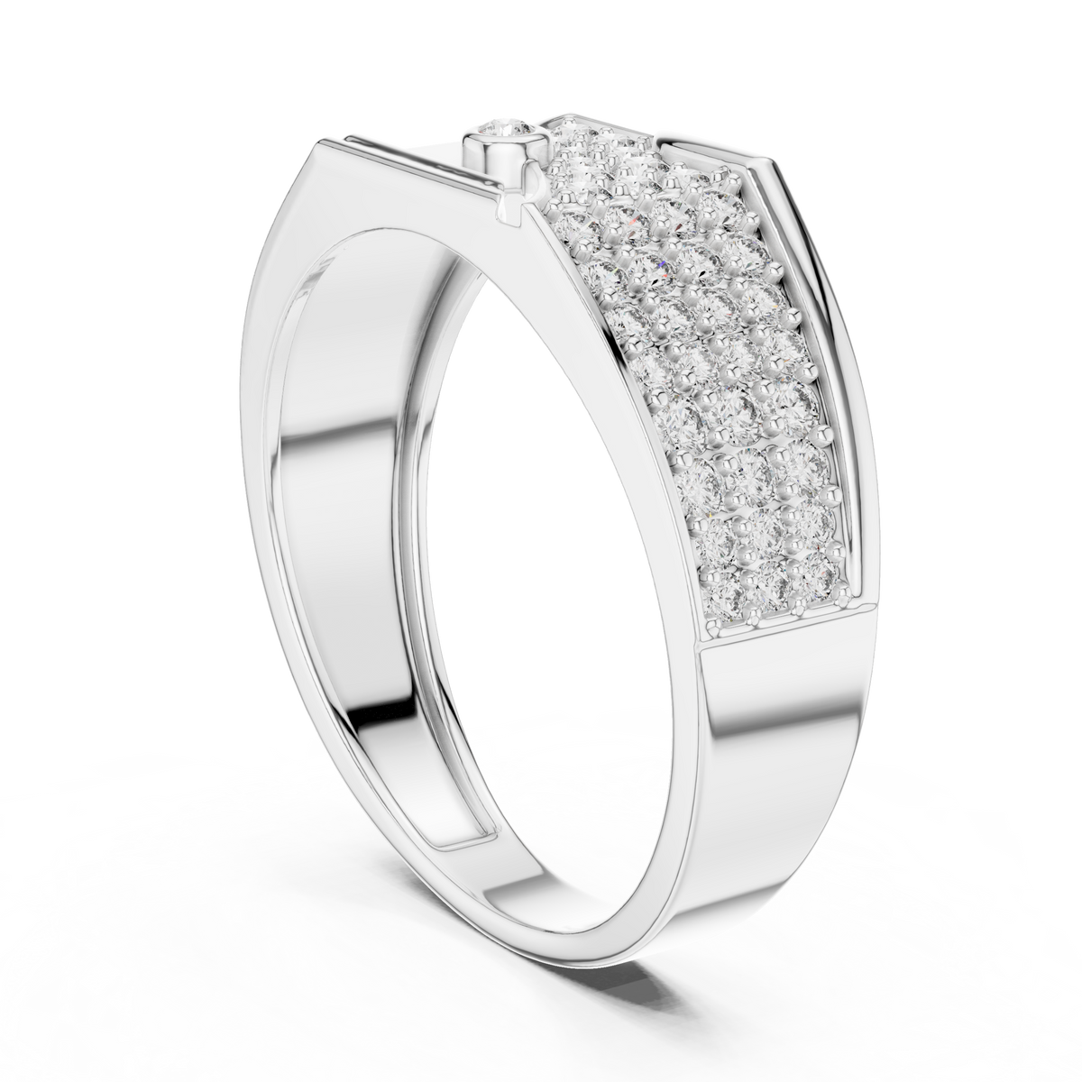 Round Cut Moissanite Diamond Men's Asymmetric Curved Pave Gold Signet Ring - View 9