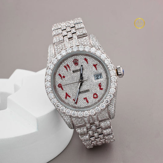 Excellent Fully Iced-Out Lab Diamond Edition with Silver Dial, Red Arabic Numerals, and Custom Diamond Bracelet