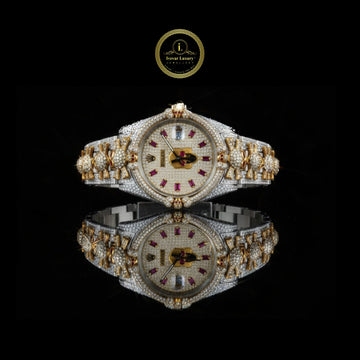 Exquisite Gold and Silver Lab Diamond-Studded Luxury Watch with Pink Baguette Markers, Artistic Dial, and Bow-Link Bracelet Design