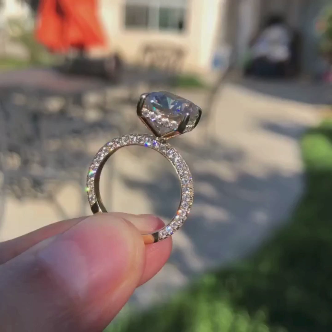 Delicate Cushion Cut Moissanite Diamond Hidden Halo Pave Engagement Ring
