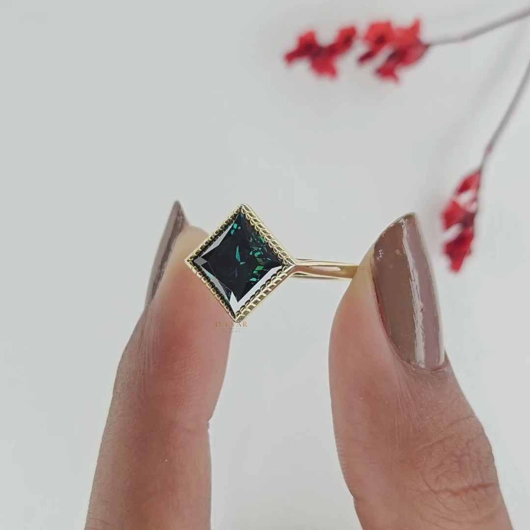 Green Princess Cut Solitaire Lab Diamond Engagement Ring with Milgrain Bezel Setting