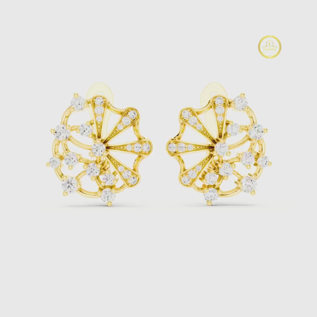 Floral Arc Round Lab Grown Diamond Geometric Flared Wheel Cluster Earrings